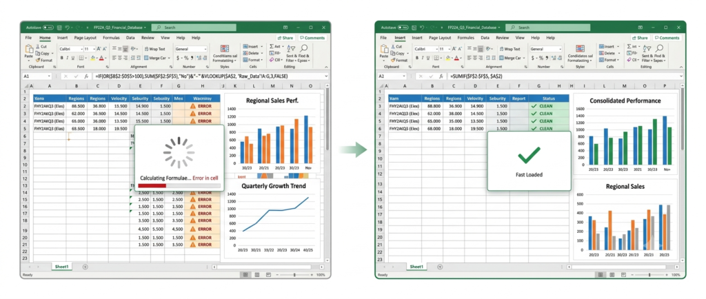 Excel spreadsheet speed review before and after performance optimization comparison