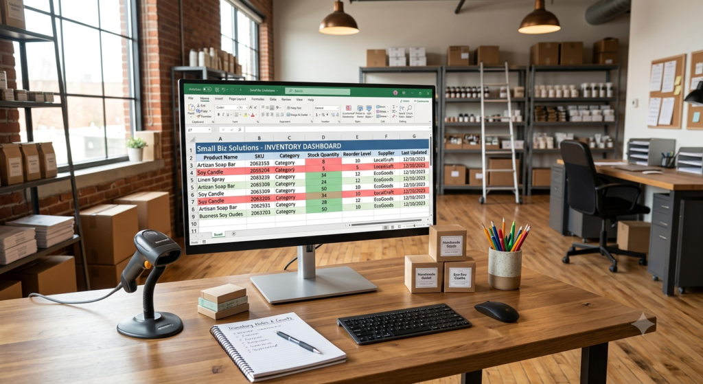 Custom Excel spreadsheet for inventory management on a small business desk.