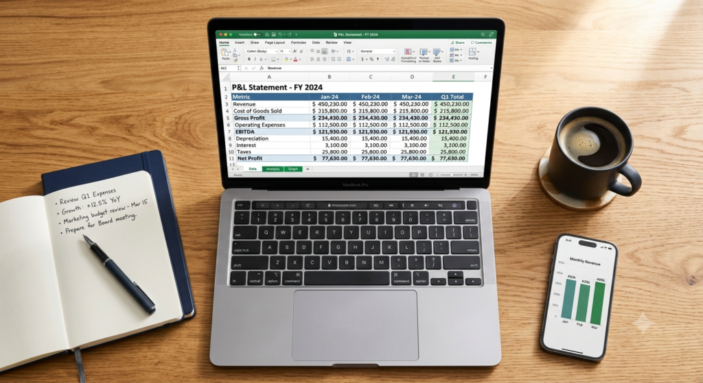 Excel for property managers showing a rent roll spreadsheet on a laptop with lease documents and keys on a desk