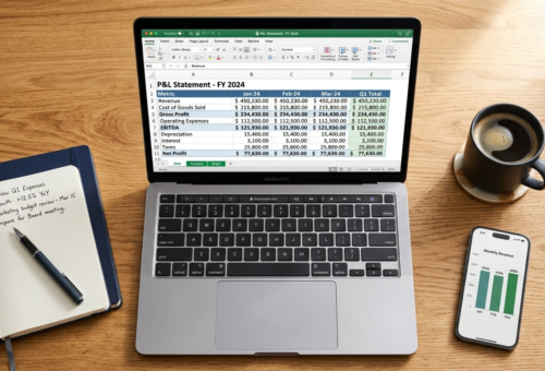 Excel for property managers showing a rent roll spreadsheet on a laptop with lease documents and keys on a desk