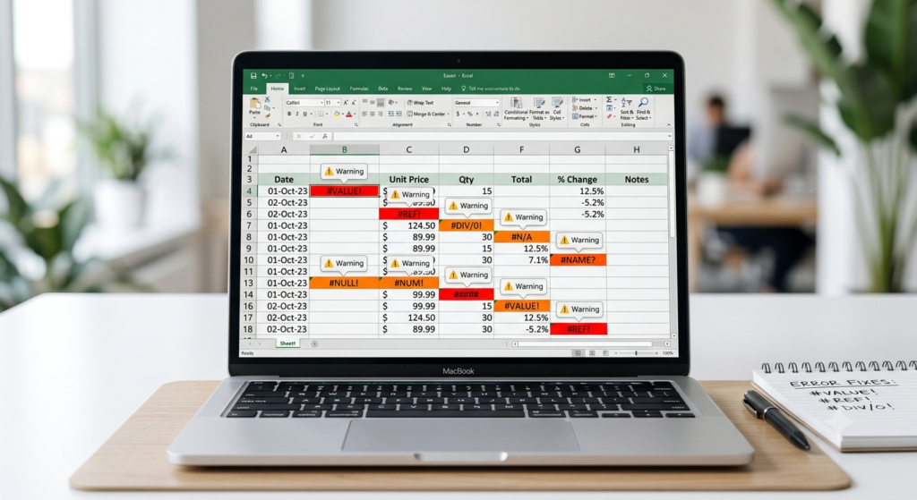 Excel spreadsheet showing multiple error codes like #VALUE!, #REF!, #DIV/0! and #ERROR in Excel highlighted in red - specialists in Excel error fixing guide (