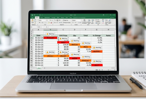 Excel spreadsheet showing multiple error codes like #VALUE!, #REF!, #DIV/0! and #ERROR in Excel highlighted in red - specialists in Excel error fixing guide (