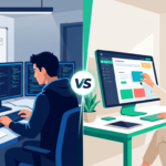 Power Apps development with low-code compared to traditional custom coding in a split-screen illustration