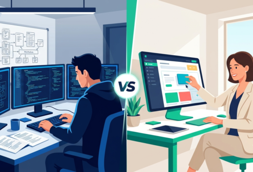 Power Apps development with low-code compared to traditional custom coding in a split-screen illustration