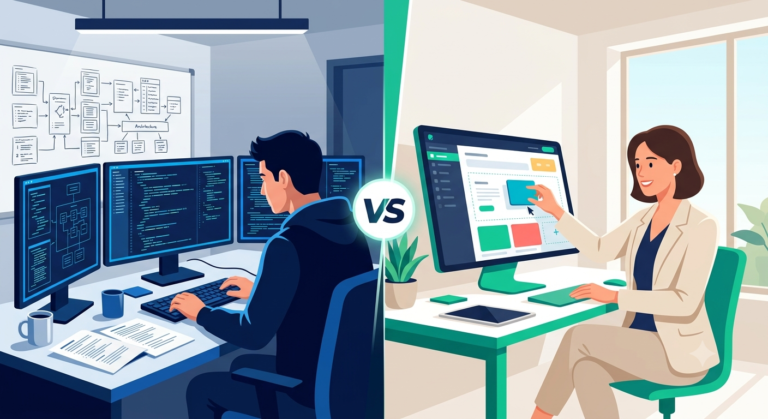 Power Apps development with low-code compared to traditional custom coding in a split-screen illustration