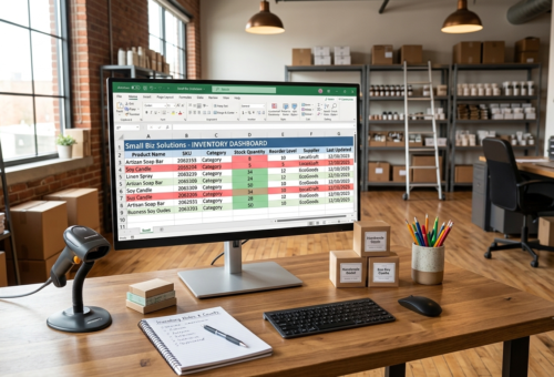 Custom Excel spreadsheet for inventory management on a small business desk.