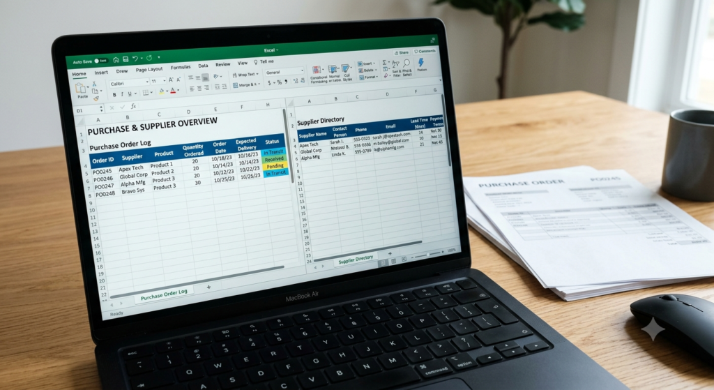 Custom Excel spreadsheet for inventory showing purchase order log and supplier details
