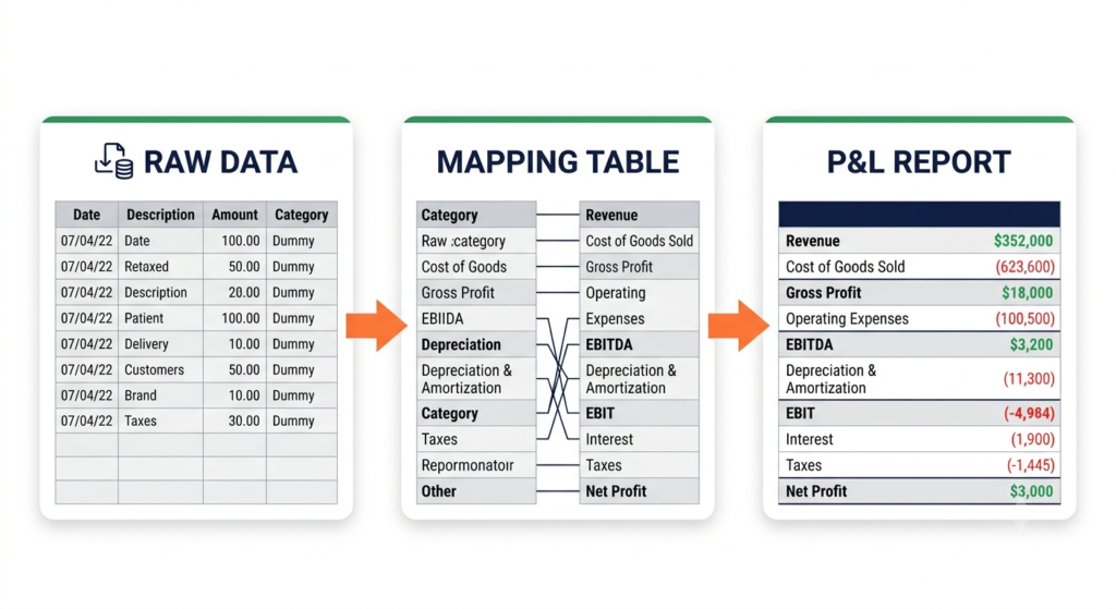 Excel spreadsheet for P&L with three sheets architecture