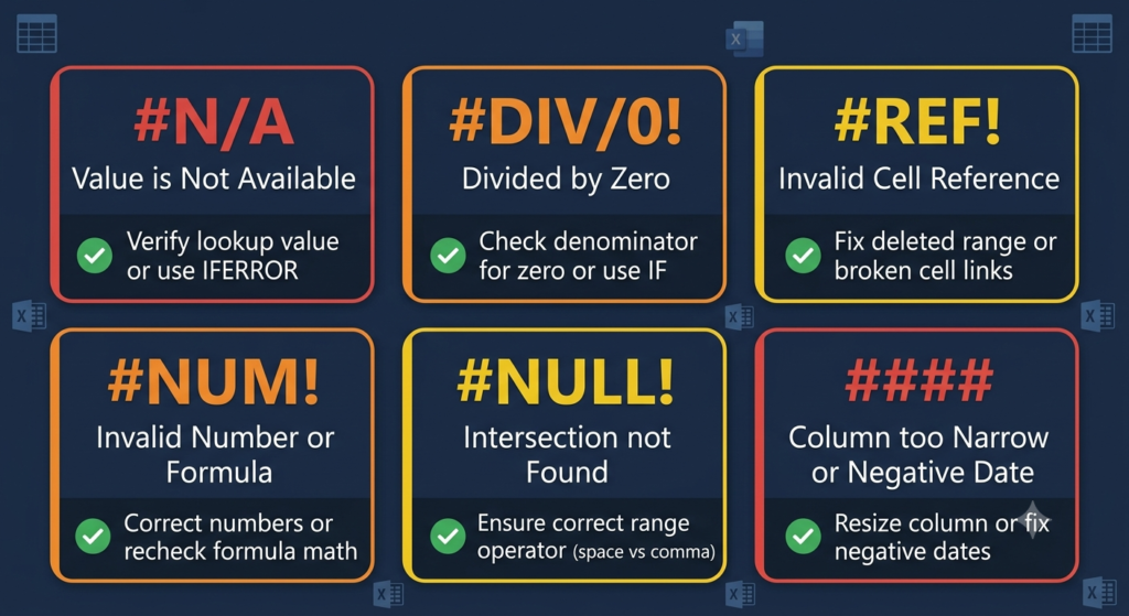 Visual diagram showing Excel error codes #N/A, #NUM!, #NULL! with fix examples - reference guide used by specialists in Excel