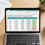 Excel for property managers showing a rent roll spreadsheet on a laptop with lease documents and keys on a desk
