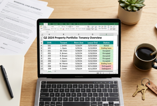 Excel for property managers showing a rent roll spreadsheet on a laptop with lease documents and keys on a desk