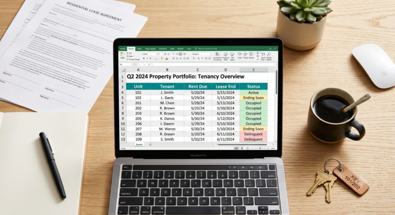 Excel for property managers showing a rent roll spreadsheet on a laptop with lease documents and keys on a desk