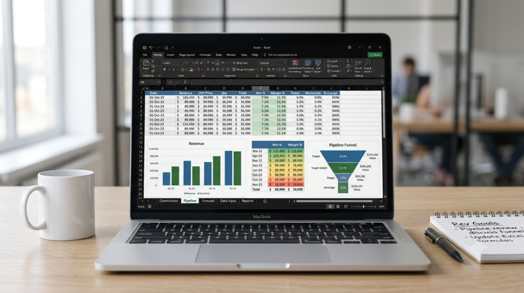 Build a custom Excel spreadsheet for sales operations showing commission tracking and pipeline management