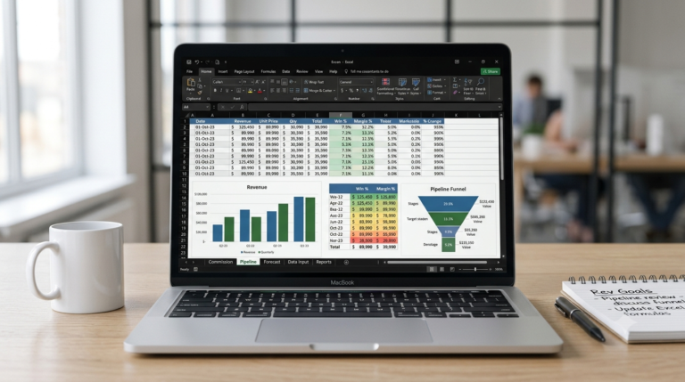Build a custom Excel spreadsheet for sales operations showing commission tracking and pipeline management