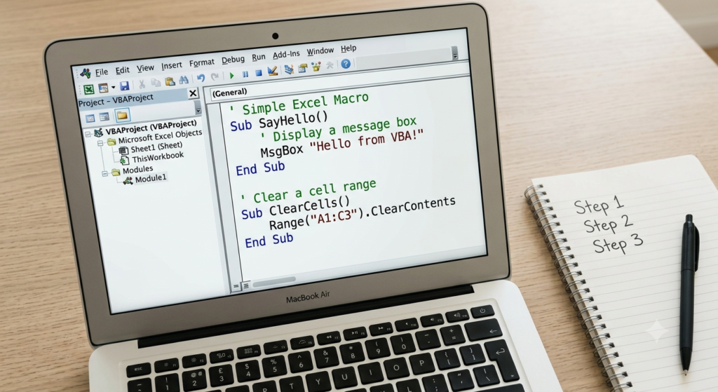Simple Excel VBA macro open in the VBA editor on a laptop