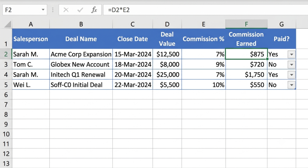 Custom Excel spreadsheet for sales showing commission tracker with formulas to automate commission calculation