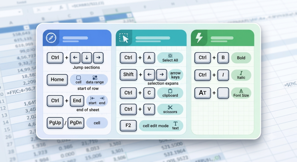 Visual cheat sheet card displaying categories of Excel keyboard shortcuts for navigation, editing and formatting