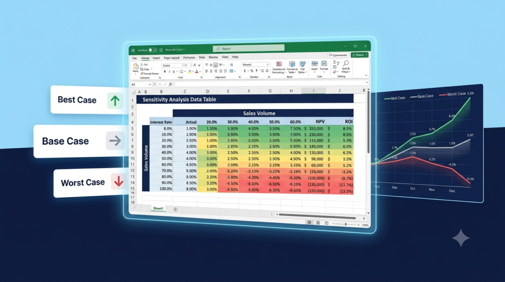 Excel sensitivity analysis showing a data table heatmap with best case, base case, and worst case scenarios