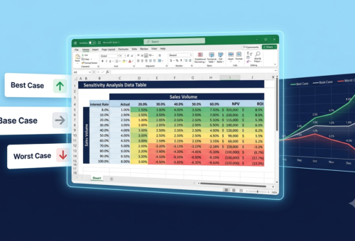 Excel sensitivity analysis showing a data table heatmap with best case, base case, and worst case scenarios