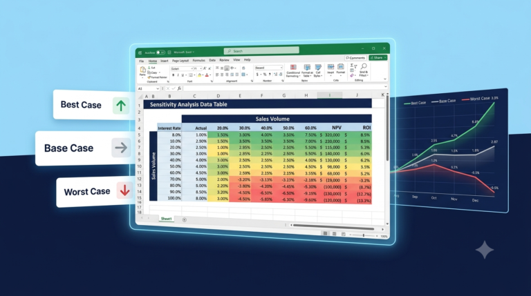 Excel sensitivity analysis showing a data table heatmap with best case, base case, and worst case scenarios