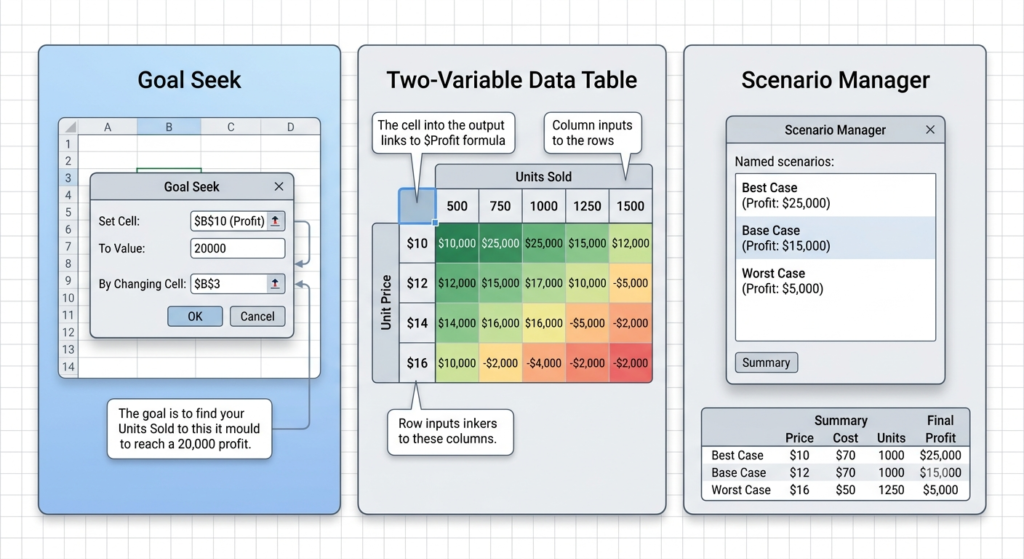 Three Excel sensitivity analysis methods shown side by side: Goal Seek, Data Table, and Scenario Manager