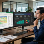 Finance team comparing Excel vs Power BI dashboards - specialist in Excel and Power BI analyzing monthly reports on dual monitors