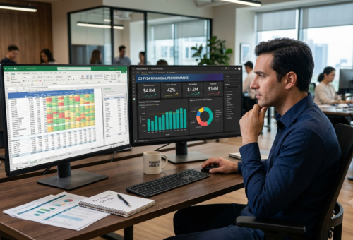 Finance team comparing Excel vs Power BI dashboards - specialist in Excel and Power BI analyzing monthly reports on dual monitors