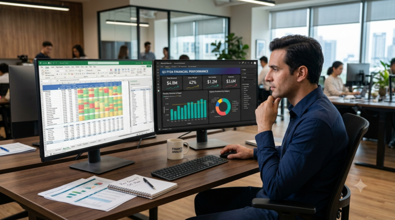 Finance team comparing Excel vs Power BI dashboards - specialist in Excel and Power BI analyzing monthly reports on dual monitors
