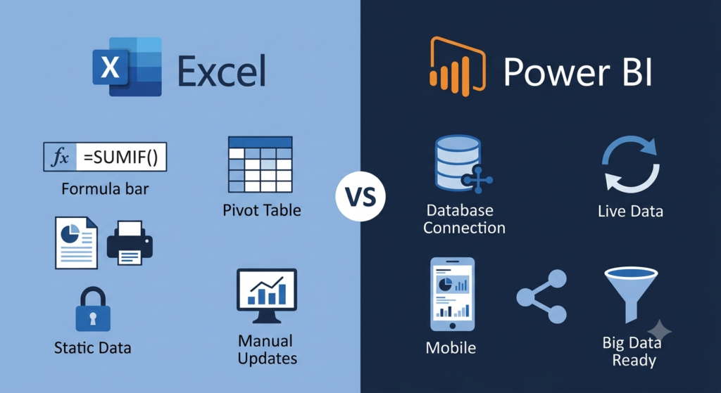 Side-by-side comparison chart showing Excel spreadsheet features vs Power BI dashboard - guide for specialists in Excel and Power BI