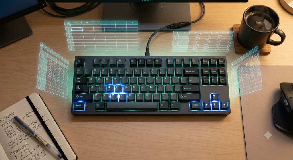 Highlighted keyboard keys representing the most useful Excel keyboard shortcuts for productivity