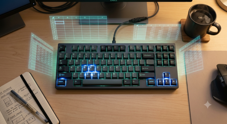 Highlighted keyboard keys representing the most useful Excel keyboard shortcuts for productivity