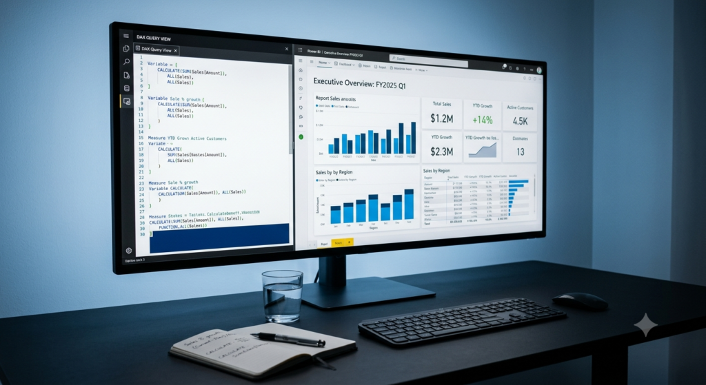 DAX basics for Excel users shown on a Power BI dashboard with formula panel and charts displayed on a widescreen monitor.