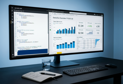 DAX basics for Excel users shown on a Power BI dashboard with formula panel and charts displayed on a widescreen monitor.