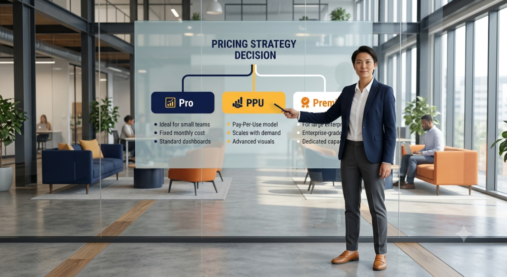 Power BI specialist explaining licensing decision tree for Pro PPU and Premium