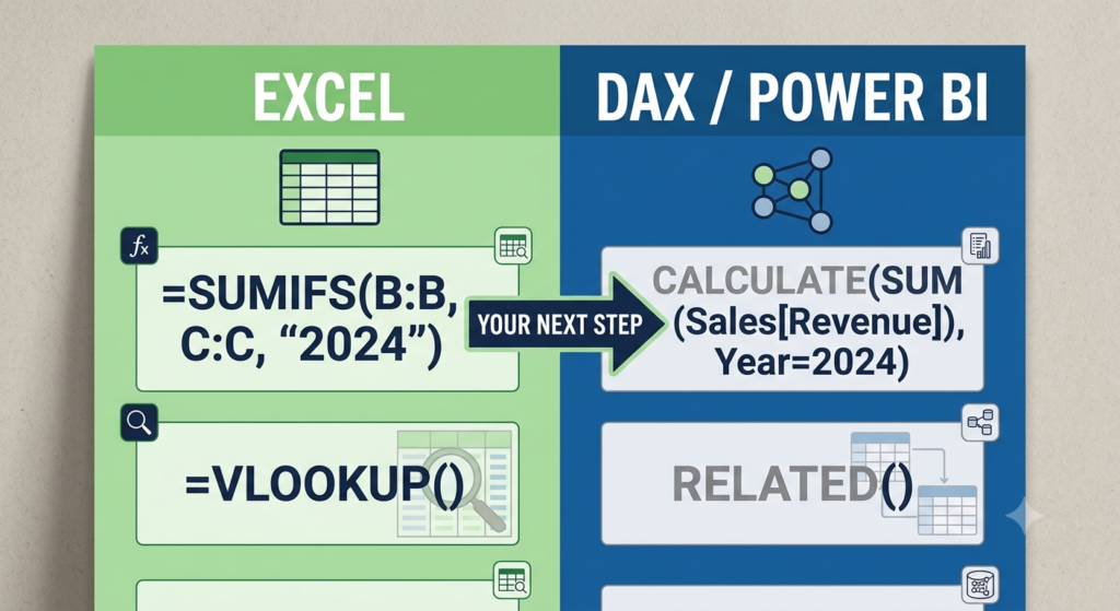 DAX basics for Excel users comparison chart showing equivalent Excel and DAX functions side by side as a learning reference