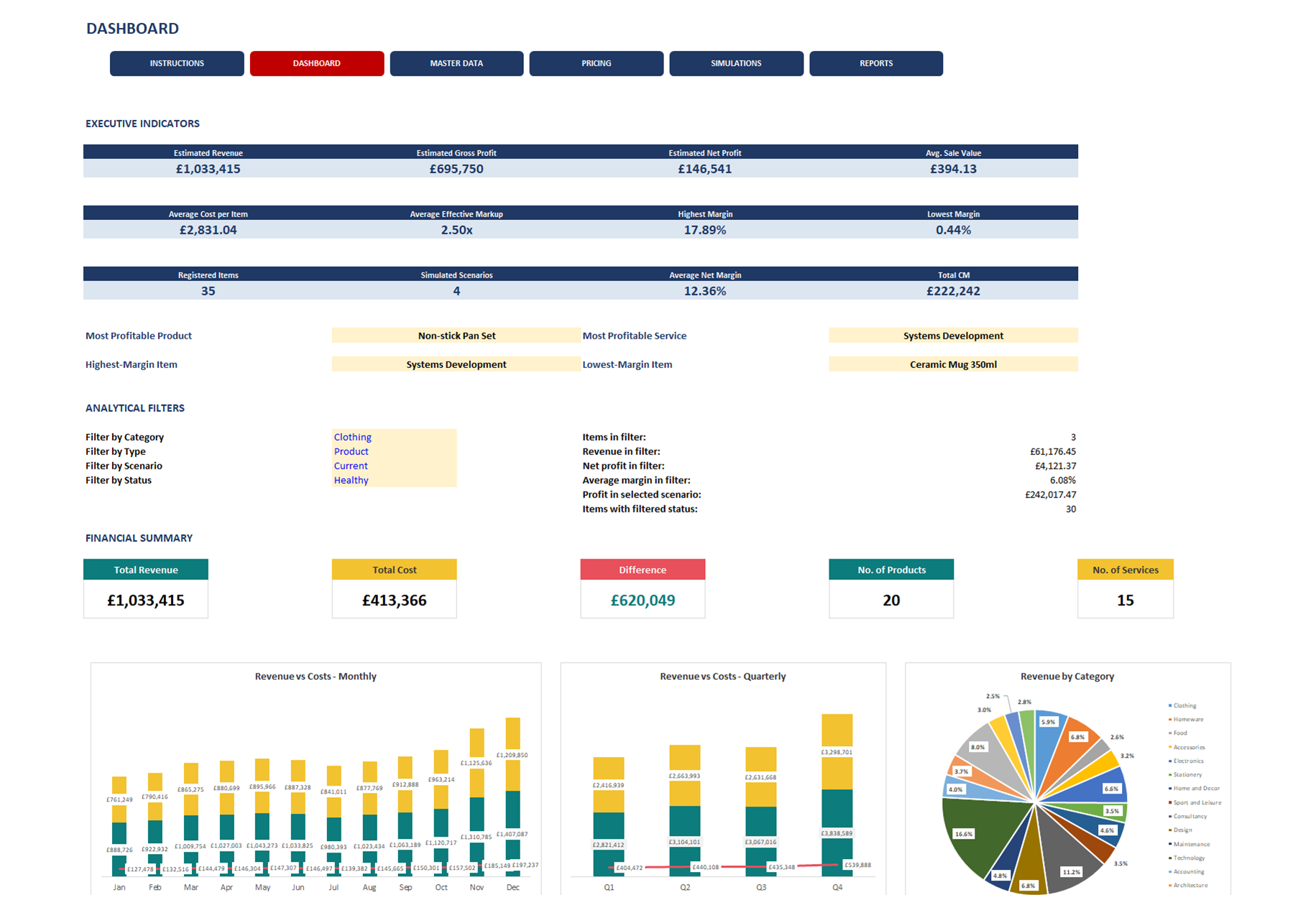 Pricing spreadsheet, screen 1