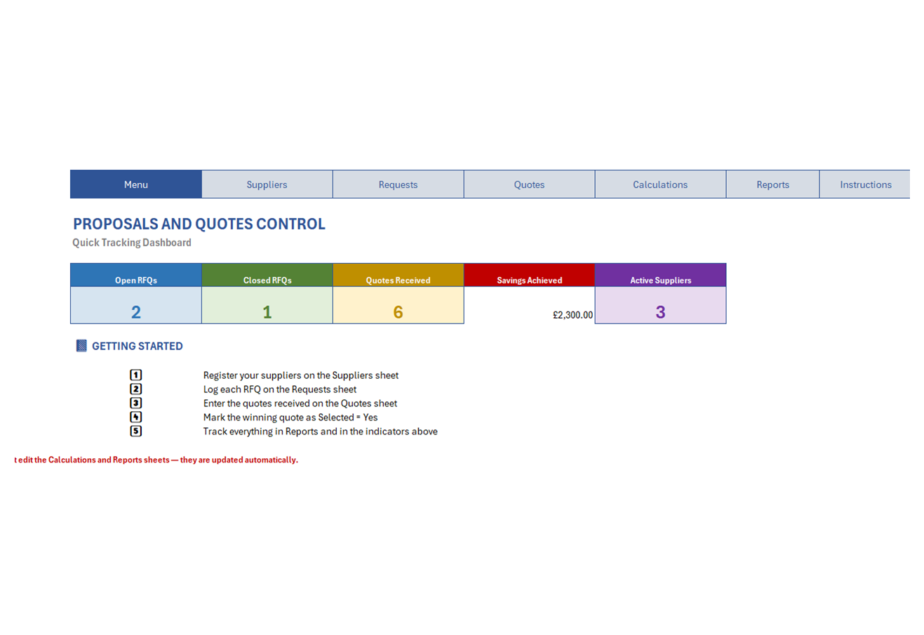 Proposals and Estimates spreadsheet, screen 1