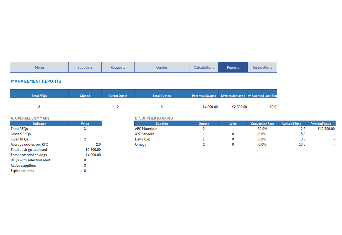 Proposals and Estimates spreadsheet, screen 2