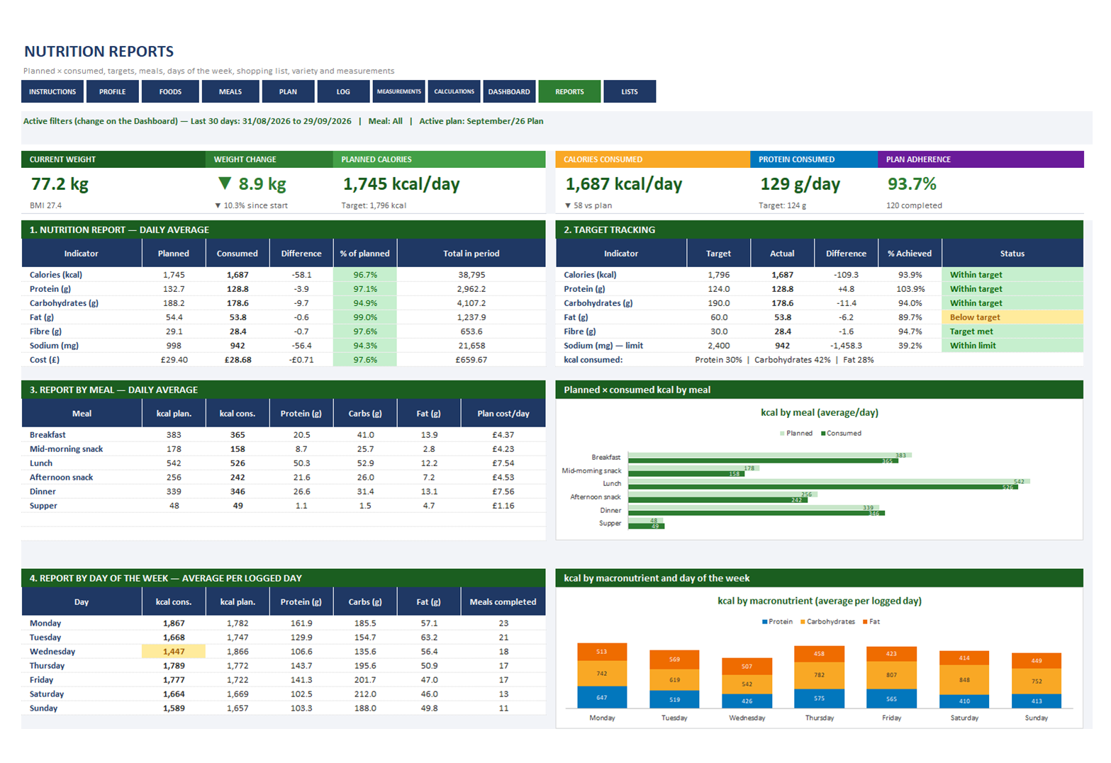Nutrition Diet spreadsheet, screen 3