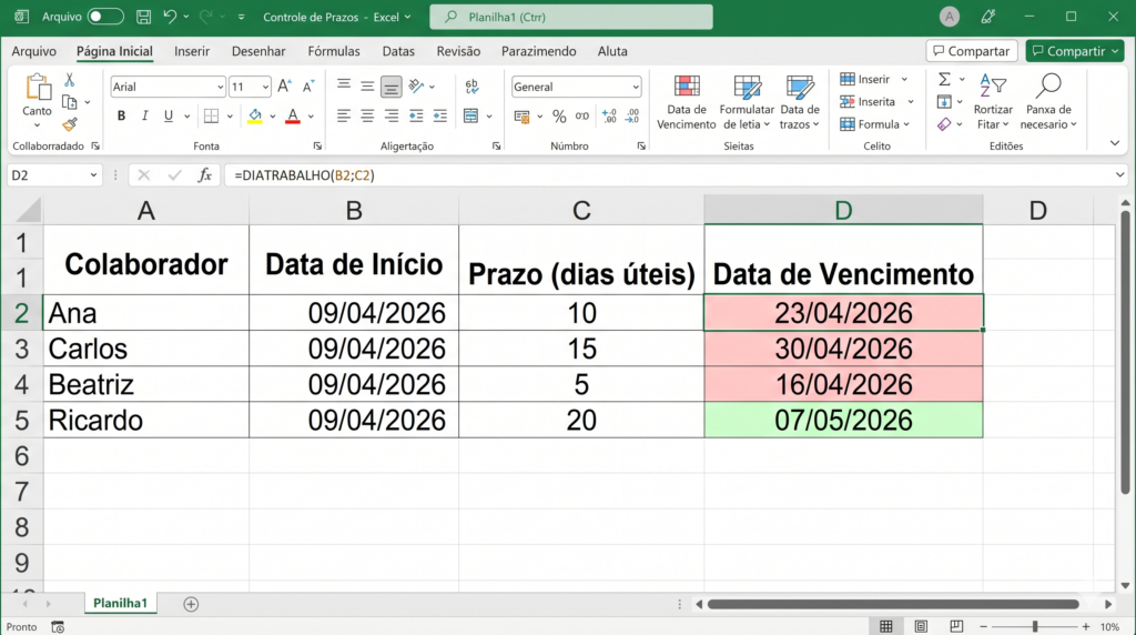 Planilha Excel com funções de data no Excel DIA MÊS ANO e HOJE aplicadas em colunas separadas com resultados destacados em amarelo