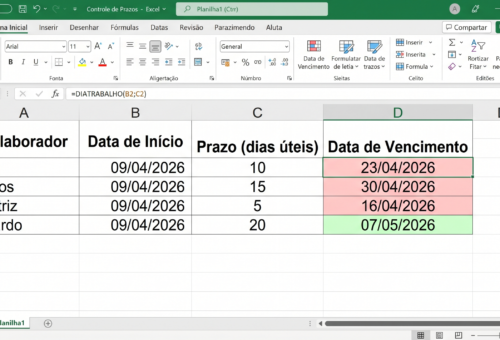 Planilha Excel com funções de data no Excel DIA MÊS ANO e HOJE aplicadas em colunas separadas com resultados destacados em amarelo