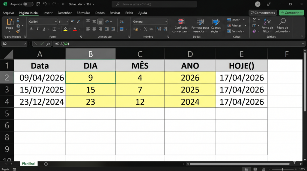 Tabela de controle de prazos no Excel usando funções de data no Excel com DIATRABALHO destacando vencimentos próximos em vermelho e distantes em verde