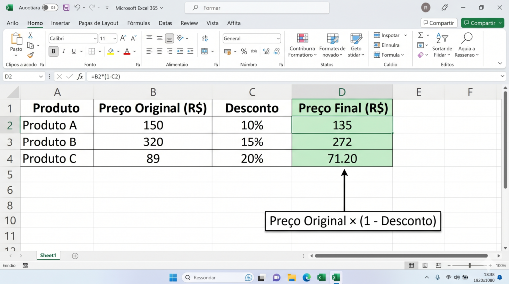 Calculando desconto com porcentagem no Excel
