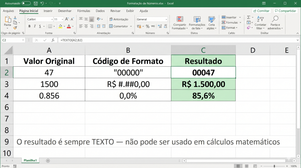 Exemplo da fórmula TEXTO no Excel formatando números com zeros à esquerda, moeda e porcentagem