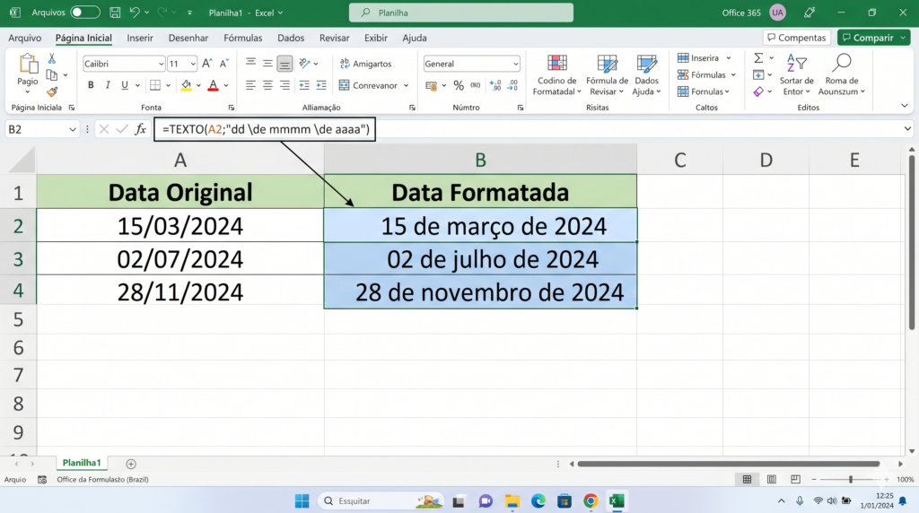 Planilha Excel mostrando a fórmula TEXTO no Excel aplicada à formatação de datas em português