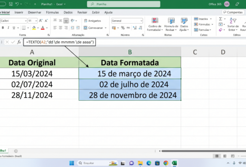 Planilha Excel mostrando a fórmula TEXTO no Excel aplicada à formatação de datas em português