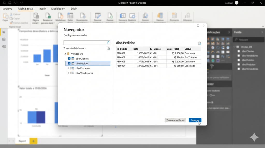Janela do Navegador no Power BI Desktop exibindo tabelas do banco de dados SQL Server após conexão bem-sucedida para conectar Power BI ao SQL Server