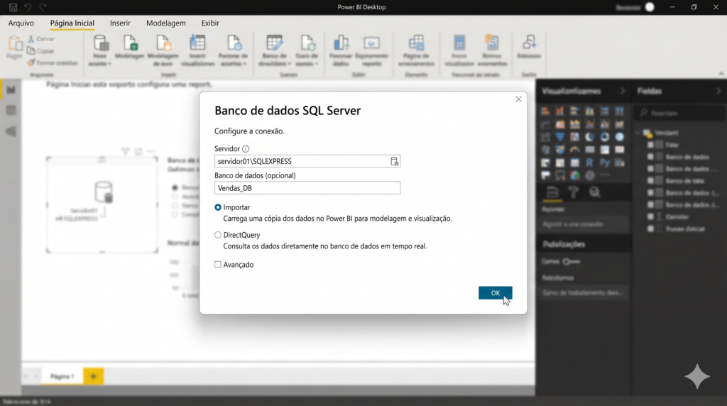 Tela de conexão do Power BI ao SQL Server mostrando campos de servidor e banco de dados com opções Importar e DirectQuery para conectar Power BI ao SQL Server