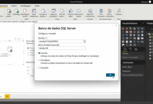 Tela de conexão do Power BI ao SQL Server mostrando campos de servidor e banco de dados com opções Importar e DirectQuery para conectar Power BI ao SQL Server