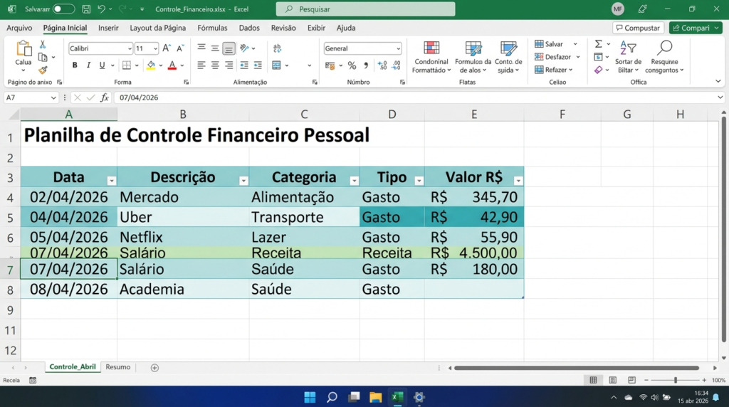 Aba de lançamentos de uma planilha controle de gastos Excel com tabela formatada mostrando data, descrição, categoria, tipo e valor.